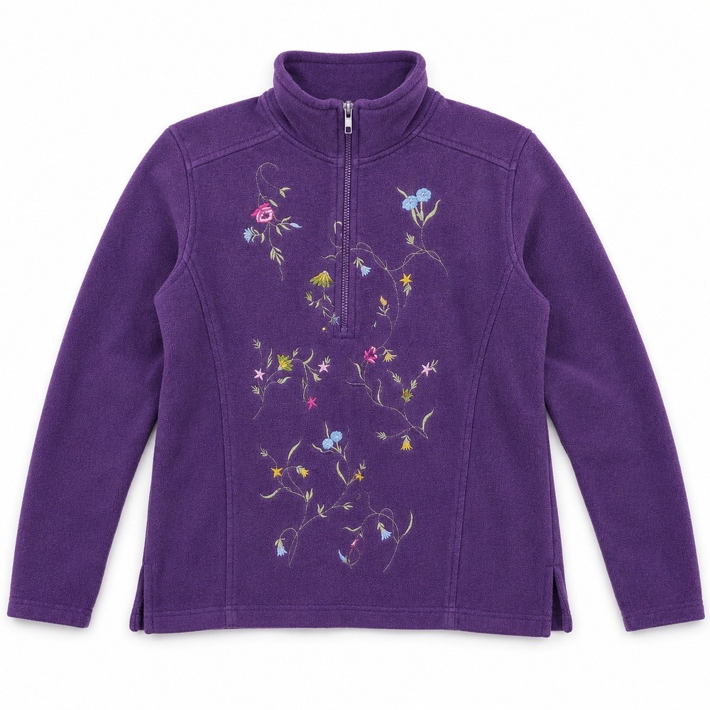 Cabin Creek Womens Petite‎ Medium Purple Floral Embroidered Quarter Zip Fleece